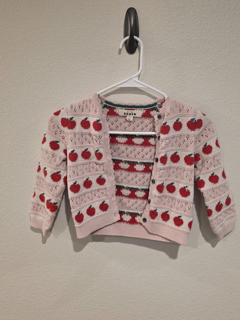 Mini Boden Pink Cardigan with Red Apple Motif